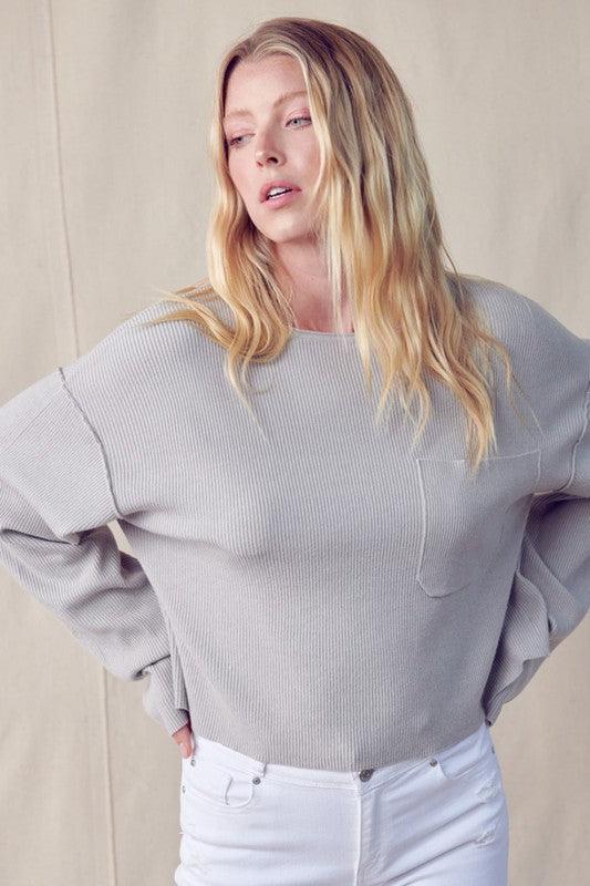 Boat Neck Ribbed &merci Sweater with Pocket