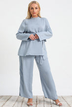 Blue Plus Size Tie Waist Tunic and Wide Leg Pants Set