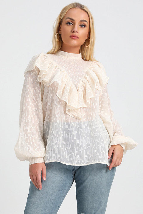 Beige Plus Size Sheer Ruffled Blouse