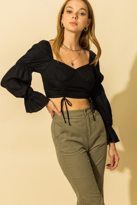 Black Ruffle Long Sleeve Crop Top