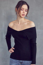 Black Off Shoulder Ribbed Knit Long Sleeve Top