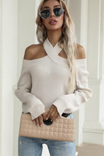 Beige Halter Cold Shoulder Rib-Knit Sweater