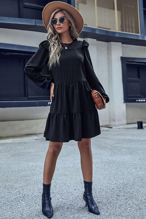 Black Round Neck Ruffled Shoulder Long Sleeves Tiered Women's Dress