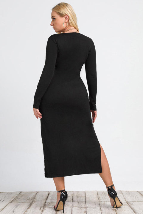 Black Plus Size Buttoned Side Slit Midi Dress