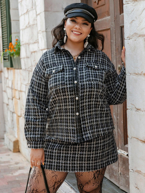 Black Plus Size Plaid Button Down Jacket