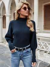 Blue Lantern Sleeve Mock Neck Rib-Knit Women's Sweater