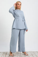 Blue Plus Size Tie Waist Tunic and Wide Leg Pants Set