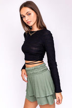 Black Striped Strappy Long Sleeve Crop Round Neck Top