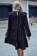 Black Round Neck Ruffled Shoulder Long Sleeves Tiered Women's Dress