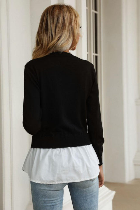 Black Shirt Hem Crew Neck Sweater