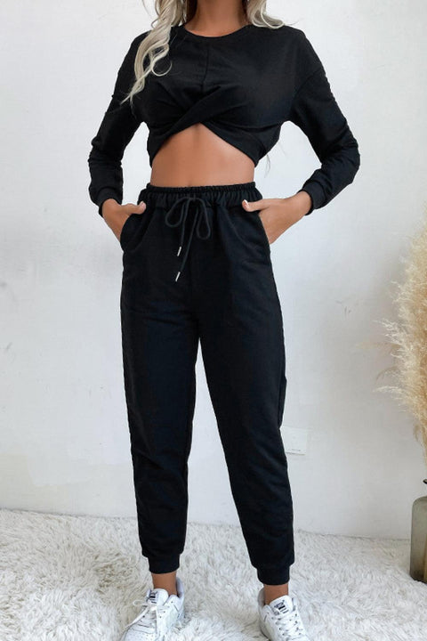 Black Twisted Crop Top and Joggers Lounge Set