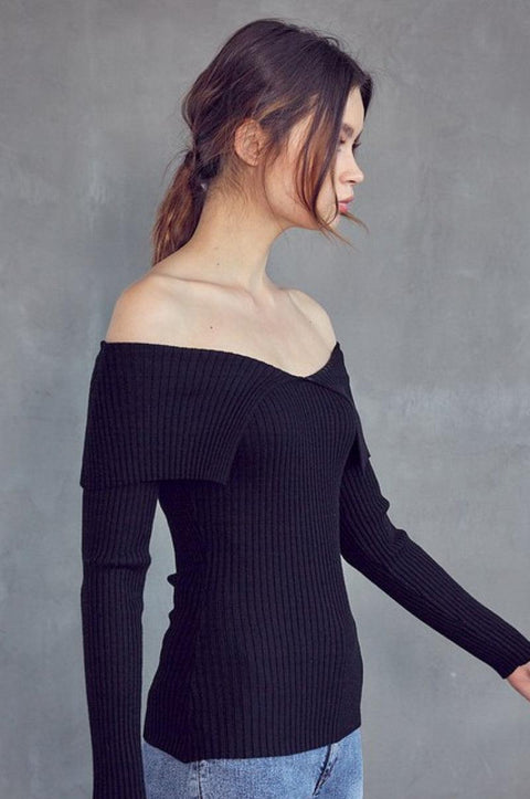 Black Off Shoulder Ribbed Knit Long Sleeve Top