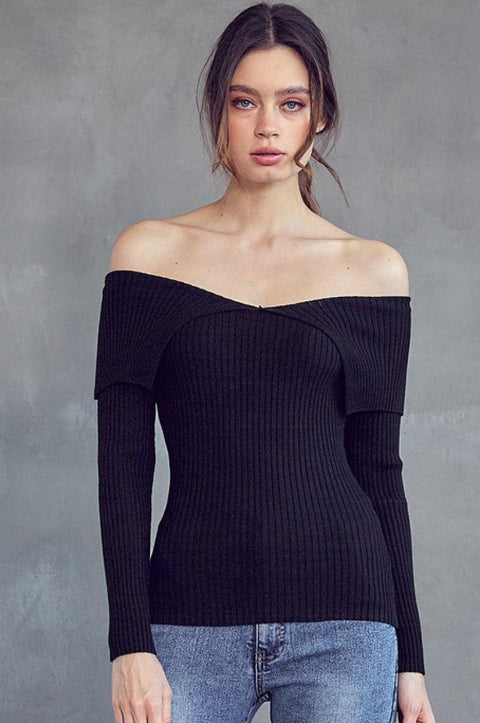 Black Off Shoulder Ribbed Knit Long Sleeve Top