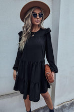 Black Round Neck Ruffled Shoulder Long Sleeves Tiered Women's Dress