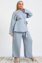 Blue Plus Size Tie Waist Tunic and Wide Leg Pants Set