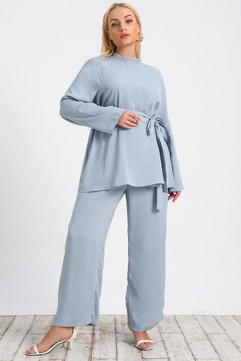 Blue Plus Size Tie Waist Tunic and Wide Leg Pants Set