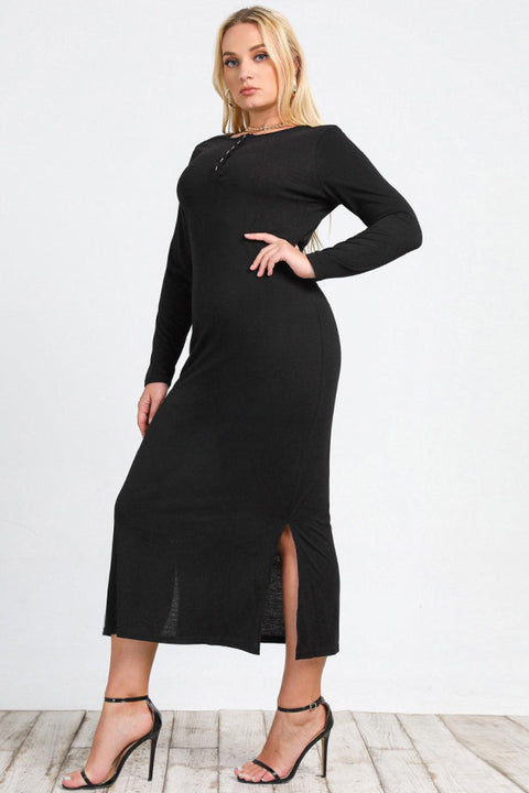 Black Plus Size Buttoned Side Slit Midi Dress