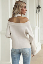 Beige Halter Cold Shoulder Rib-Knit Sweater