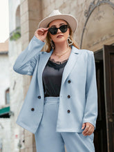 Blue Plus Size Double-Breasted Lapel Collar Blazer