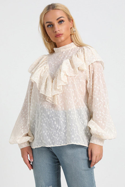 Beige Plus Size Sheer Ruffled Blouse