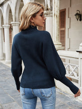 Blue Lantern Sleeve Mock Neck Rib-Knit Women's Sweater