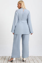 Blue Plus Size Tie Waist Tunic and Wide Leg Pants Set