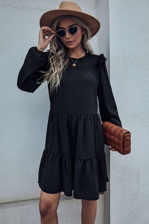 Black Round Neck Ruffled Shoulder Long Sleeves Tiered Women's Dress