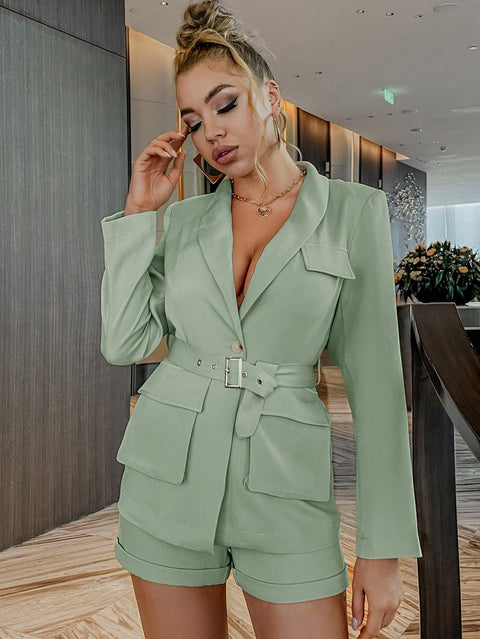 Green blazer with belt and shorts set