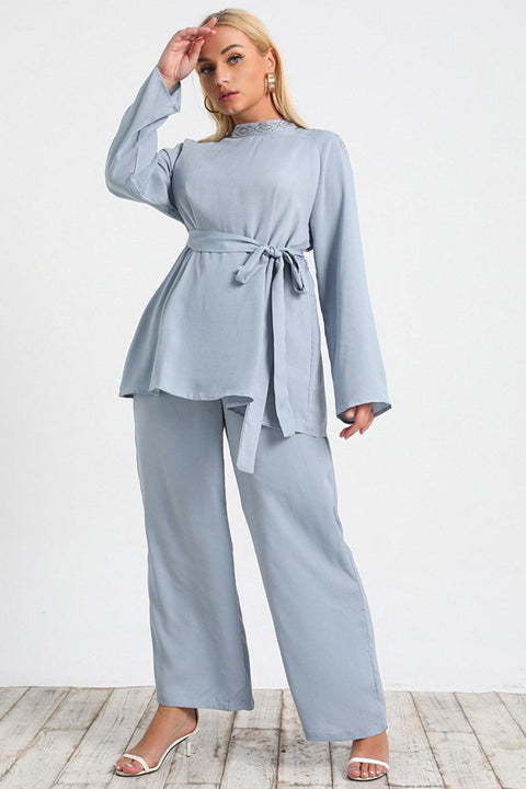 Blue Plus Size Tie Waist Tunic and Wide Leg Pants Set