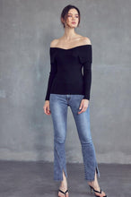 Black Off Shoulder Ribbed Knit Long Sleeve Top