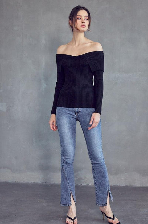 Black Off Shoulder Ribbed Knit Long Sleeve Top