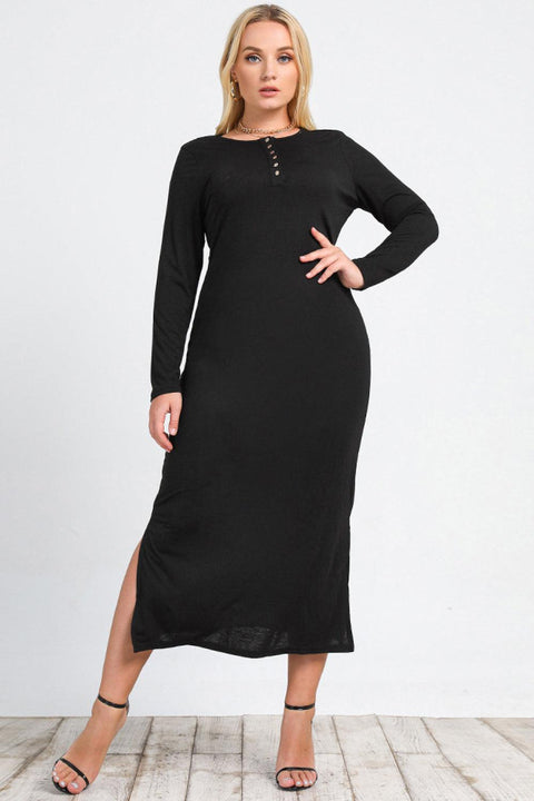 Black Plus Size Buttoned Side Slit Midi Dress