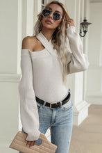 Beige Halter Cold Shoulder Rib-Knit Sweater