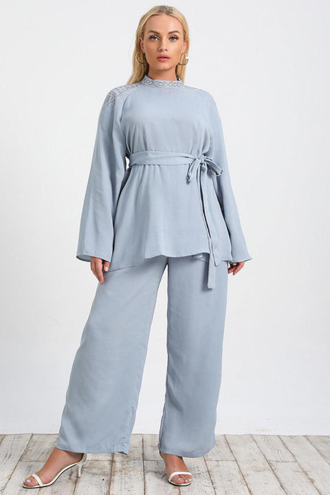 Blue Plus Size Tie Waist Tunic and Wide Leg Pants Set